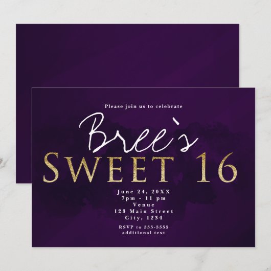 Invitation Fête d'anniversaire chic Sweet 16 en violet, noir (Devant / Derrière)