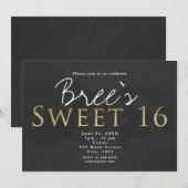 Invitation Fête d'anniversaire chic SWEET 16 gris foncé et or (Devant / Derrière)