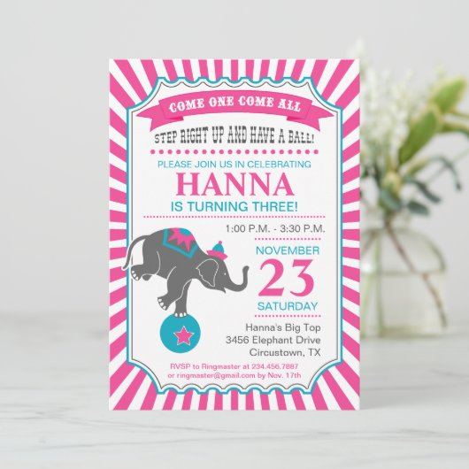 Invitation Fête d'anniversaire Circus Elephant (Debout devant)