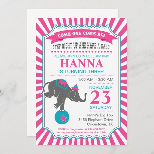 Invitation Fête d'anniversaire Circus Elephant (Devant / Derrière)
