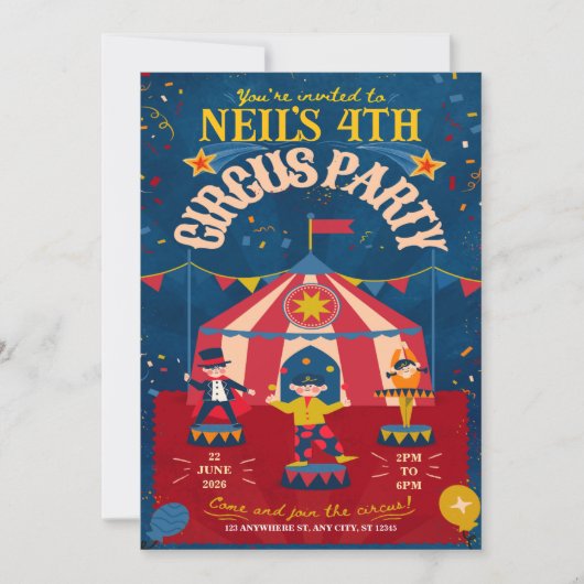 Invitation Fête d'anniversaire Cirque Amusant (Devant)