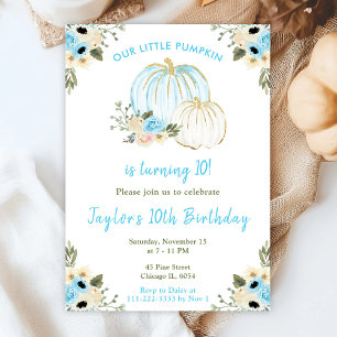 Invitation Fête d'anniversaire Citrouille bleue et blanche