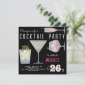Invitation Fête d'anniversaire cocktail aquarelle noir (Debout devant)