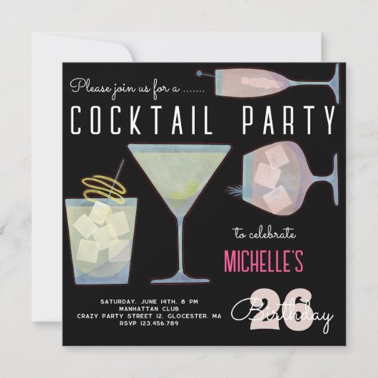 Invitation Fête d'anniversaire cocktail aquarelle noire (Devant)