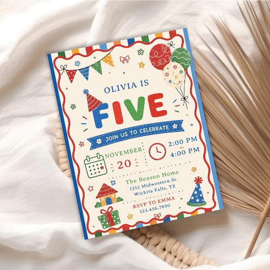 Invitation Fête d'anniversaire Color Pop FIVE