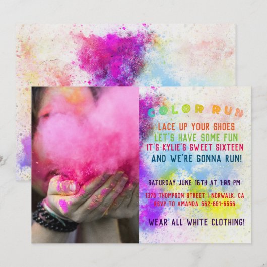 Invitation Fête d'anniversaire Color Run (Devant / Derrière)