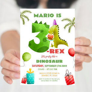 Invitation Fête d'anniversaire Coloré Dinosaure Trois Rex 3 a