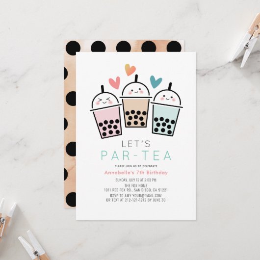 Invitation Fête d'anniversaire Colorée Boba Bubble Tea (Devant/Arrière en situation)