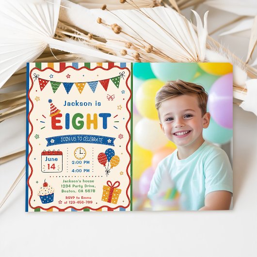 Invitation Fête d'anniversaire colorée de 8 ans