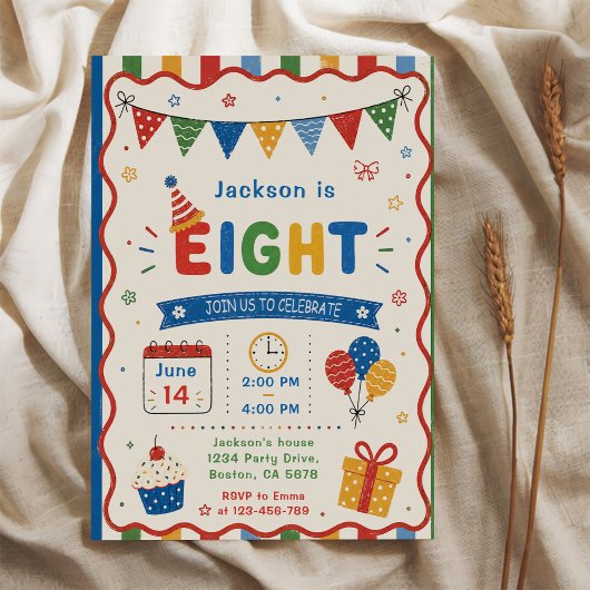 Invitation Fête d'anniversaire colorée de 8 ans