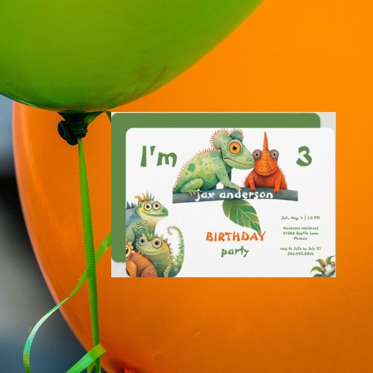 Invitation Fête d'anniversaire colorée de lézard