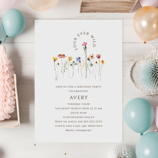 Invitation Fête d'anniversaire colorée de quatre Fleurs sauva