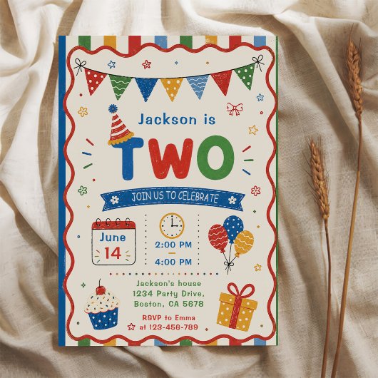 Invitation Fête d'anniversaire colorée DEUX 2 ans