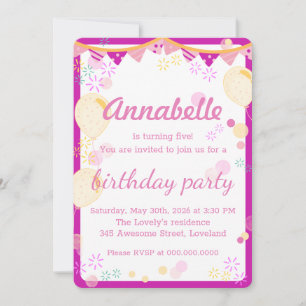 Invitation Fête d'anniversaire colorée et festive pour petite