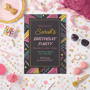 Invitation Fête d'anniversaire colorée et rétro noir
