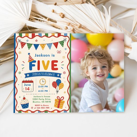 Invitation Fête d'anniversaire colorée FIVE 5 ans