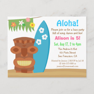 Invitation Fête d'anniversaire colorée Hawaii Tiki Luau Beach