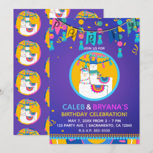Invitation Fête d'anniversaire colorée Llama Violet Bleu Jaun