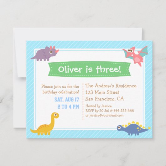 Invitation Fête d'anniversaire colorée mignonne de dinosaure (Devant)