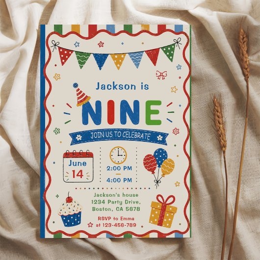 Invitation Fête d'anniversaire colorée NINE 9 ans