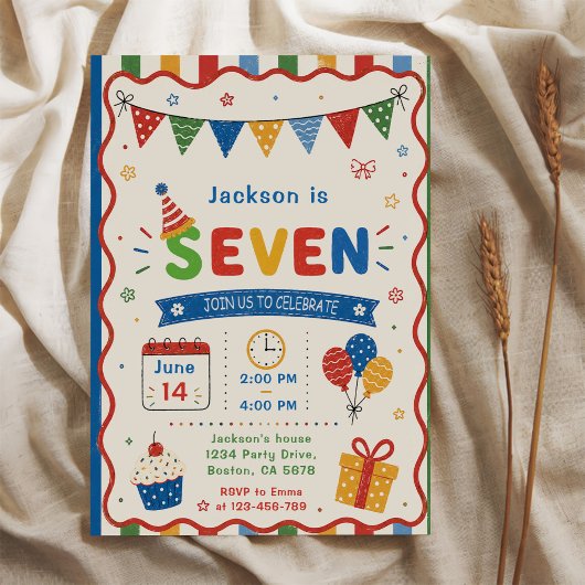 Invitation Fête d'anniversaire colorée SEVEN 7 ans