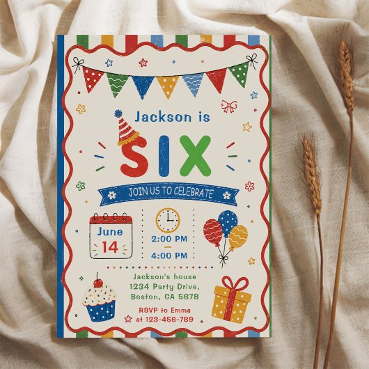 Invitation Fête d'anniversaire colorée SIX 6 ans
