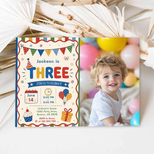 Invitation Fête d'anniversaire colorée TROIS 3 ans