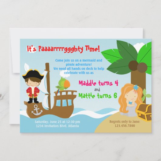 Invitation Fête d'anniversaire commune de jumeaux de sirène (Devant)