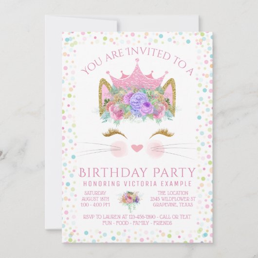 Invitation Fête d'anniversaire Confetti Kitty Cat (Devant)
