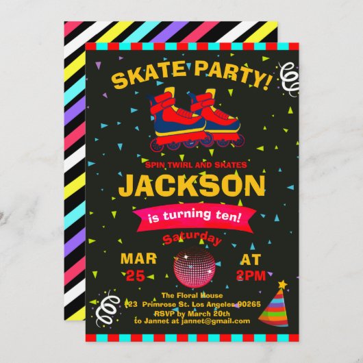 Invitation Fête d'anniversaire Confetti Roller Sking (Devant / Derrière)