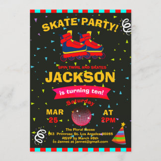 Invitation Fête d'anniversaire Confetti Roller Sking