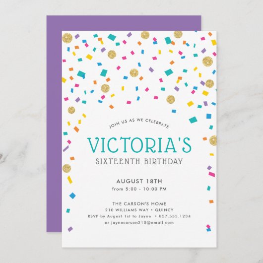 Invitation Fête d'anniversaire Confettis Colorés (Devant / Derrière)