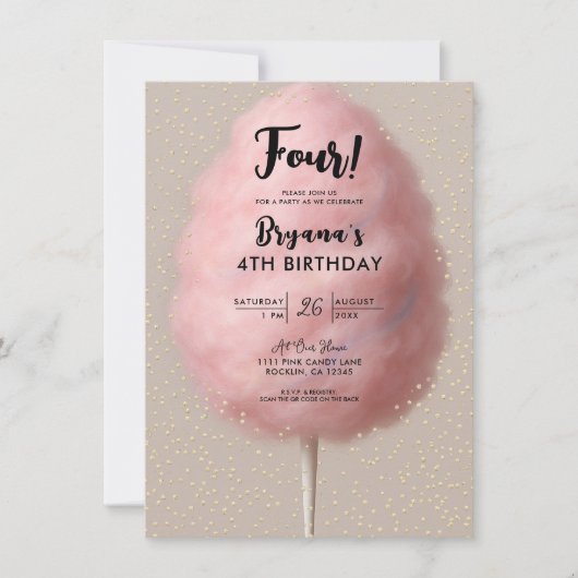 Invitation Fête d'anniversaire confettis or coton de sucre ro (Devant)