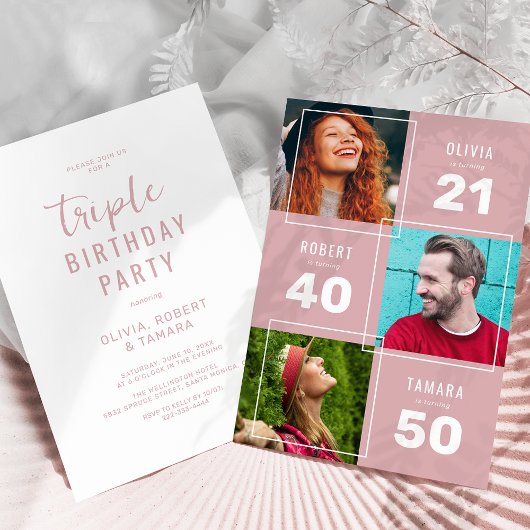 Invitation Fête d'anniversaire conjointe de 3 ans moderne ros