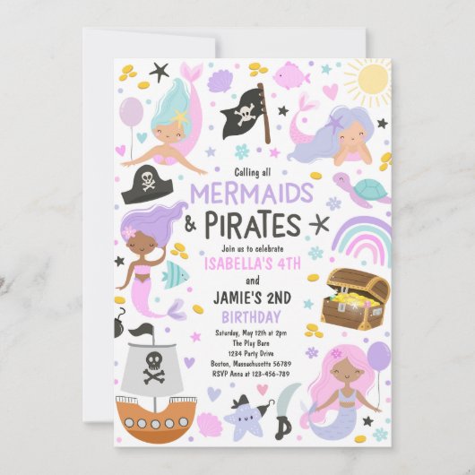 Invitation Fête D'Anniversaire Conjointe De Sirène Et De Frèr (Devant)