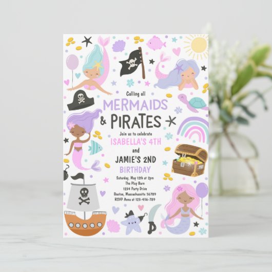 Invitation Fête D'Anniversaire Conjointe De Sirène Et De Frèr (Debout devant)