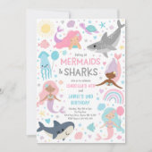 Invitation Fête D'Anniversaire Conjointe De Sirène Et De Requ (Devant)