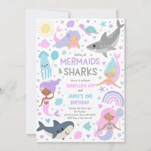 Invitation Fête D'Anniversaire Conjointe De Sirène Et De Requ (Devant)