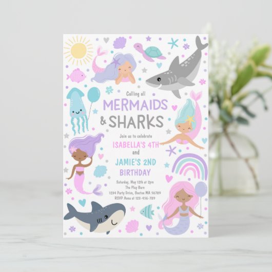 Invitation Fête D'Anniversaire Conjointe De Sirène Et De Requ (Debout devant)