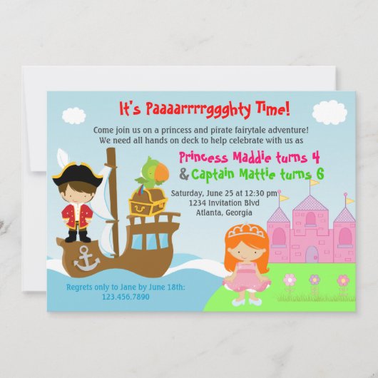Invitation Fête d'anniversaire conjointe Princess and Pirate  (Devant)