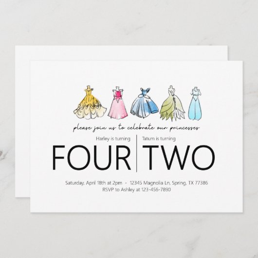 Invitation Fête d'anniversaire conjointe - Princess Dresses T (Devant / Derrière)