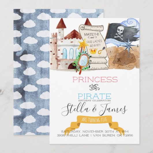 Invitation Fête d'anniversaire conjointe Princesse & Pirate (Devant / Derrière)