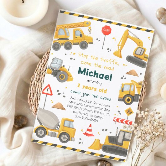 Invitation Fête d'anniversaire Construction Aquarelle
