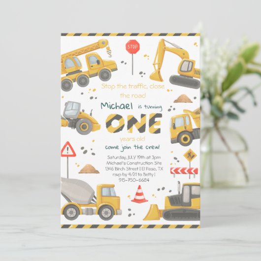 Invitation Fête d'anniversaire Construction Aquarelle (Debout devant)