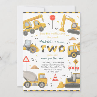 Invitation Fête d'anniversaire Construction aquarelle 2 ans