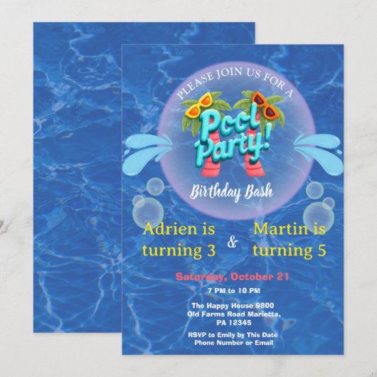 Invitation Fête d'anniversaire Cool Tropical Splash Joint Poo (Devant / Derrière)