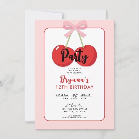 Invitation Fête d'anniversaire Coquette Cerises Rouges avec R (Devant)