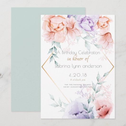 Invitation Fête d'anniversaire | Corail et Lilac Aquarelle Fl (Devant / Derrière)