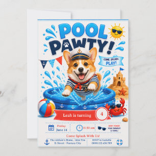Invitation Fête d'anniversaire Corgi Pool Party - Capitaine N