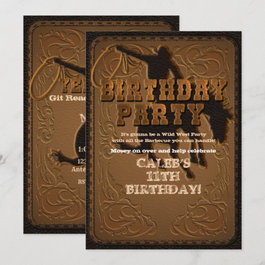 Invitation Fête d'anniversaire Cowboy Western cuir (Devant / Derrière)